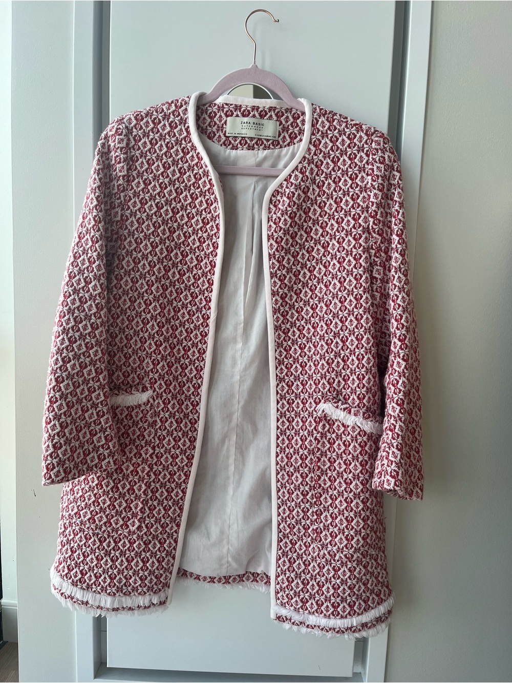 Zara Pink & White Textured Open-Front Coat